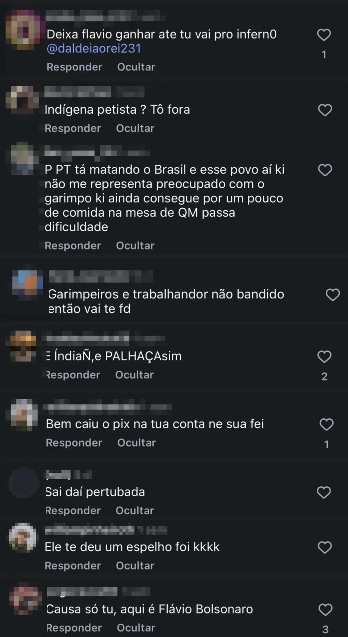 Comentários recebidos nas postagens de Alessandra Korap Munduruku durante sua campanha eleitoral